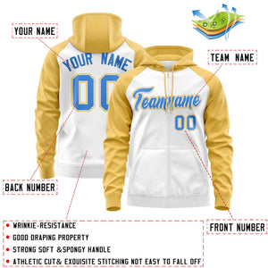 Custom Stitched White Yellow-Powder Blue Raglan Sleeves Sports Full-Zip Sweatshirt Hoodie