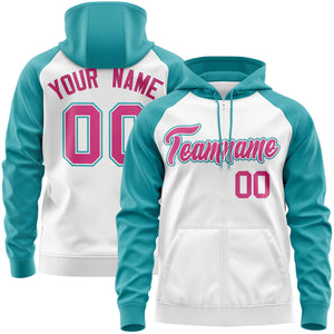 Custom Stitched White Aqua-Rose Red Raglan Sleeves Sports Full-Zip Sweatshirt Hoodie