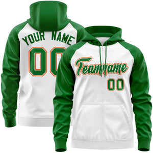 Custom Stitched White Kelly Green Raglan Sleeves Sports Full-Zip Sweatshirt Hoodie