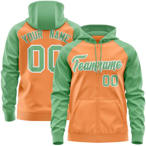 Custom Stitched Light Orange Green Raglan Sleeves Sports Full-Zip Sweatshirt Hoodie