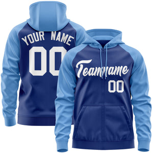 Custom Stitched Royal White-Light Blue Raglan Sleeves Sports Full-Zip Sweatshirt Hoodie