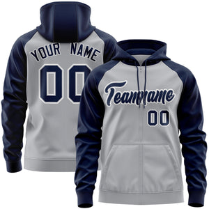 Custom Stitched Gray Navy-White Raglan Sleeves Sports Full-Zip Sweatshirt Hoodie