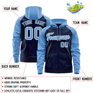 Custom Stitched Navy Light Blue-White Raglan Sleeves Sports Full-Zip Sweatshirt Hoodie