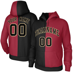 Custom Black Crimson Black-Old Gold Split Fashion Stitched Sportwear Pullover Hoodie