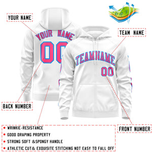 Custom Stitched White Pink Sports Full-Zip Sweatshirt Hoodie with Flame