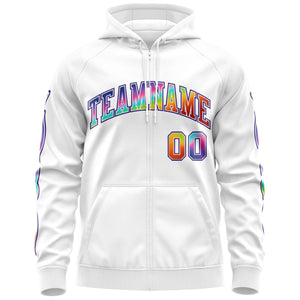 Custom Stitched White Purple Sports Full-Zip Sweatshirt Hoodie with Colored Flames