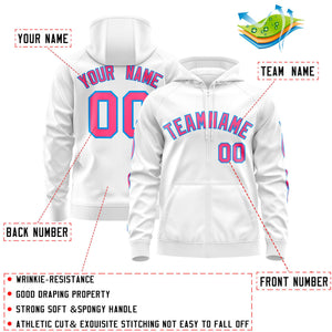 Custom Stitched White Pink Sports Full-Zip Sweatshirt Hoodie with Flame