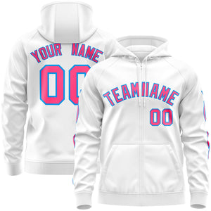 Custom Stitched White Pink Sports Full-Zip Sweatshirt Hoodie with Flame