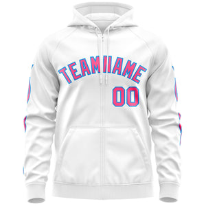 Custom Stitched White Pink Sports Full-Zip Sweatshirt Hoodie with Flame