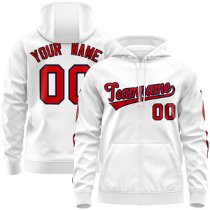 Custom Stitched White Red Sports Full-Zip Sweatshirt Hoodie with Flame