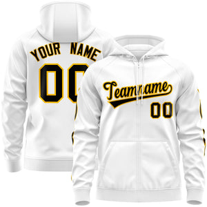 Custom Stitched White Black Sports Full-Zip Sweatshirt Hoodie with Flame