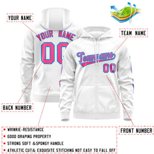 Custom Stitched White Pink Sports Full-Zip Sweatshirt Hoodie with Flame