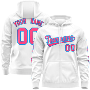 Custom Stitched White Pink Sports Full-Zip Sweatshirt Hoodie with Flame