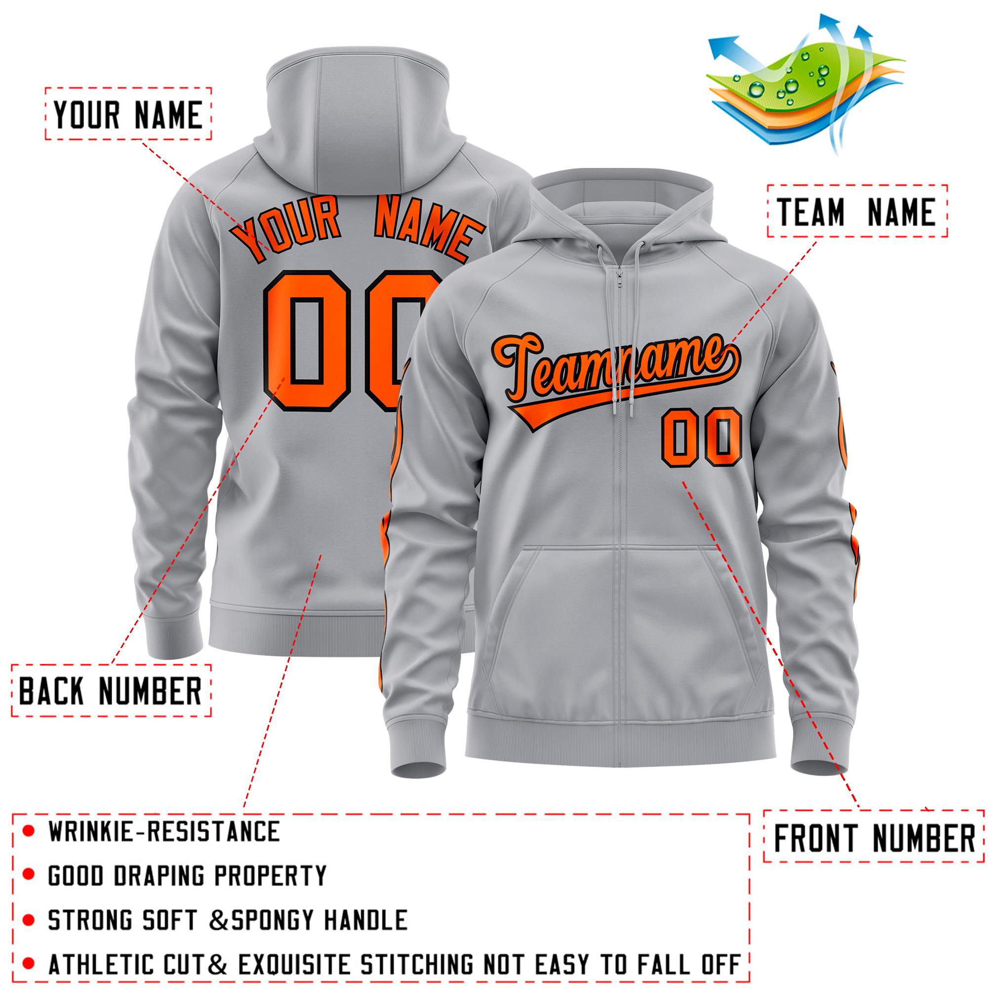 Custom Stitched Gray Orange Sports Full-Zip Sweatshirt Hoodie with Flame