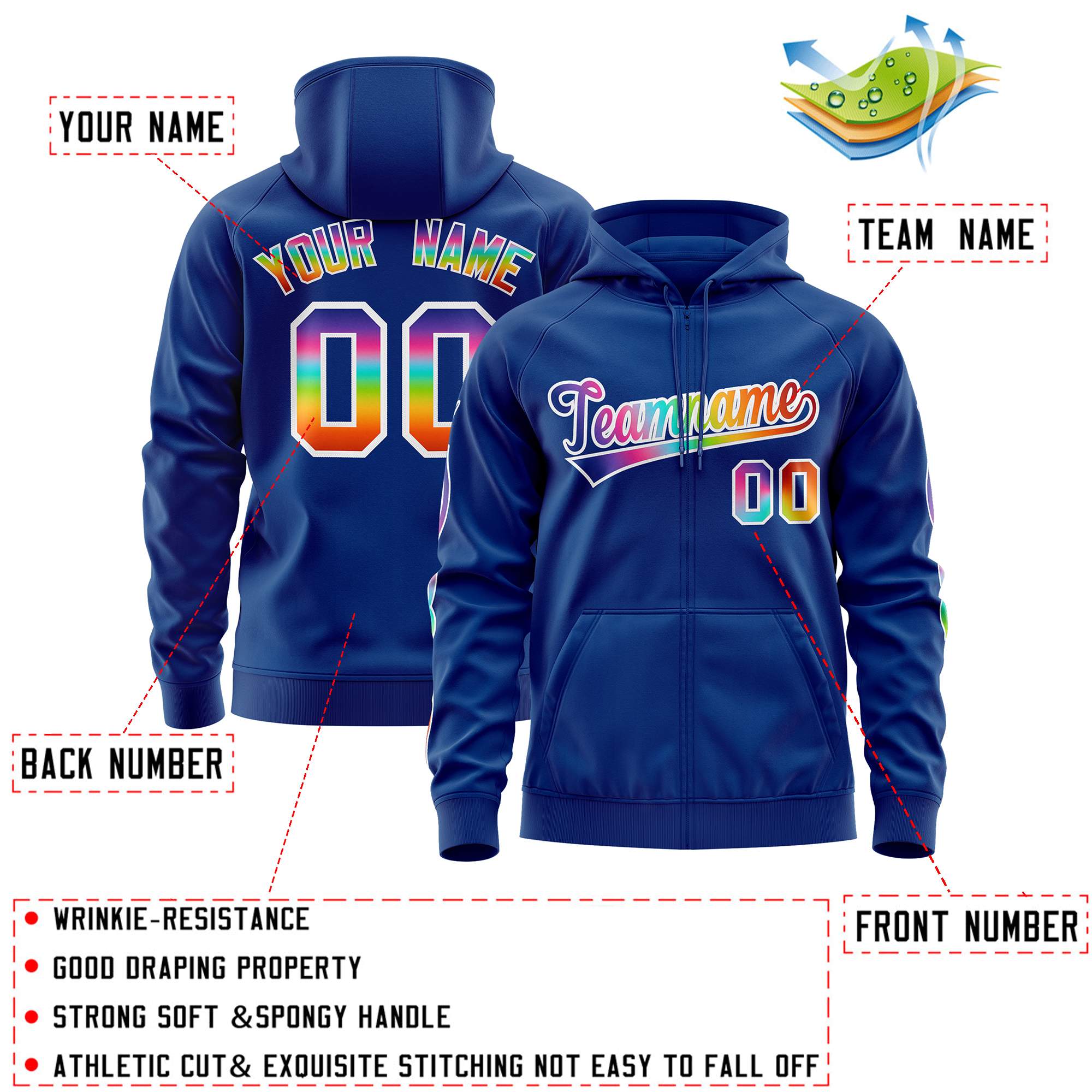 Custom Stitched Royal White Sports Full-Zip Sweatshirt Hoodie with Colored Flames