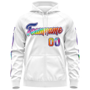 Custom Stitched White Purple Sports Full-Zip Sweatshirt Hoodie with Colored Flames