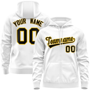 Custom Stitched White Black-Gold Sports Full-Zip Sweatshirt Hoodie