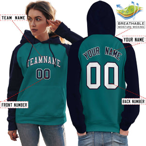 Custom Stitched Aqua Navy-White Raglan Sleeves Sports Pullover Sweatshirt Hoodie For Women