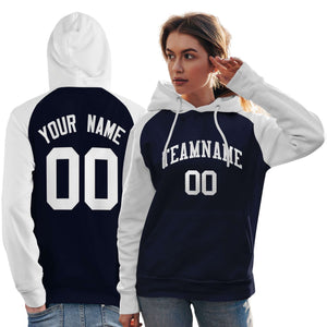 Custom Stitched Navy White Raglan Sleeves Sports Pullover Sweatshirt Hoodie For Women