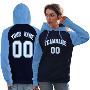 Custom Stitched Navy Powder Blue-White Raglan Sleeves Sports Pullover Sweatshirt Hoodie For Women