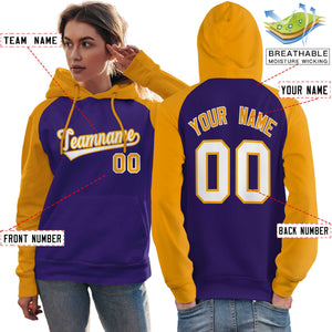 Custom Stitched Purple Gold-White Raglan Sleeves Sports Pullover Sweatshirt Hoodie For Women