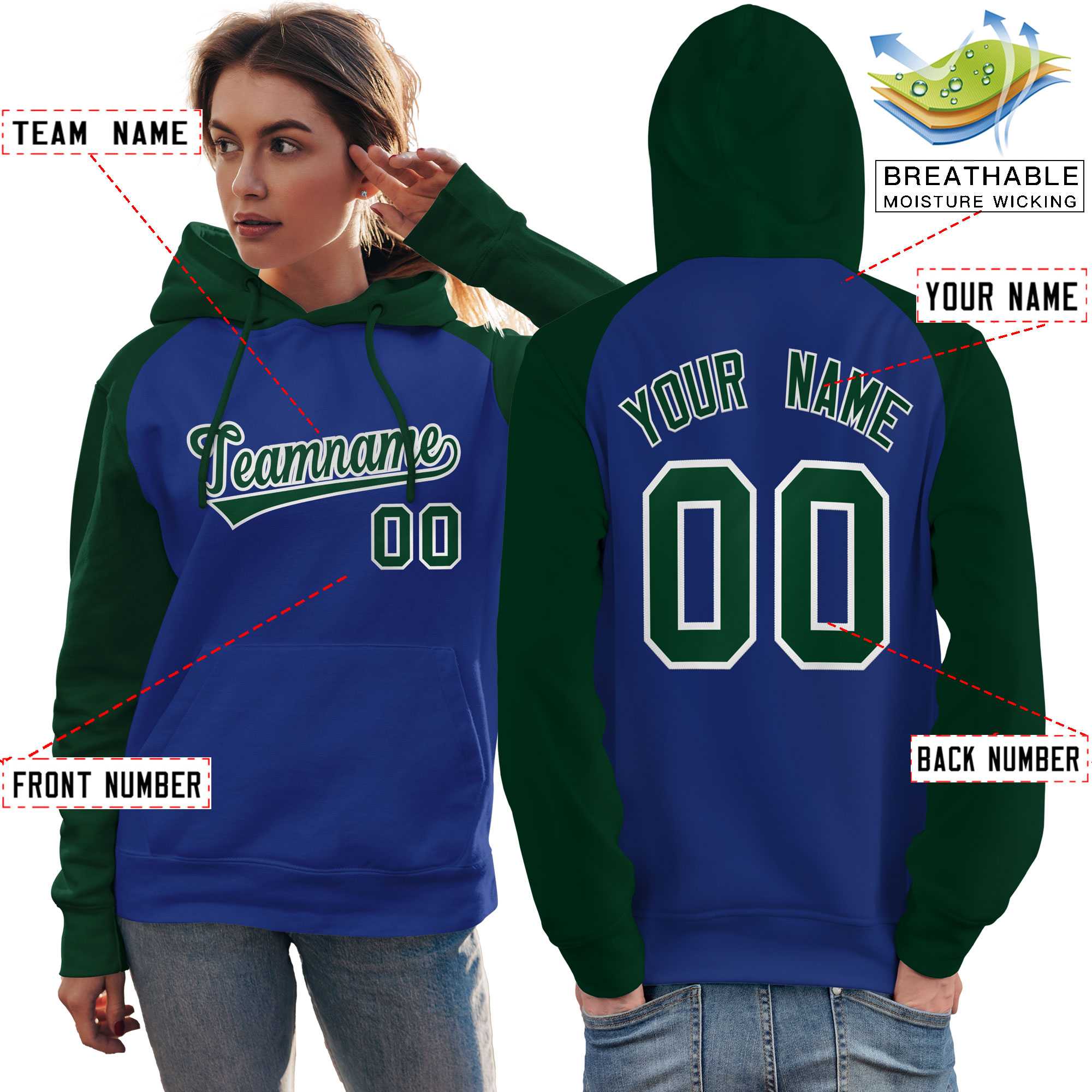 Custom Stitched Royal Green Raglan Sleeves Sports Pullover Sweatshirt Hoodie For Women