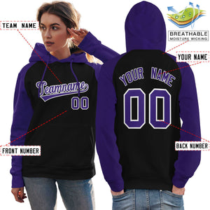 Custom Stitched Black Purple Raglan Sleeves Sports Pullover Sweatshirt Hoodie For Women