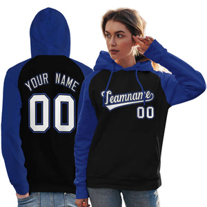 Custom Stitched Black Royal-White Raglan Sleeves Sports Pullover Sweatshirt Hoodie For Women