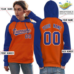 Custom Stitched Orange Royal Raglan Sleeves Sports Pullover Sweatshirt Hoodie For Women