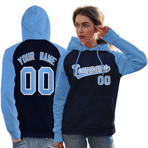 Custom Stitched Navy Powder Blue Raglan Sleeves Sports Pullover Sweatshirt Hoodie For Women