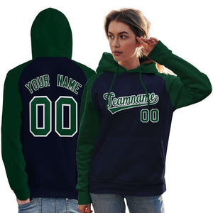 Custom Stitched Navy Green Raglan Sleeves Sports Pullover Sweatshirt Hoodie For Women