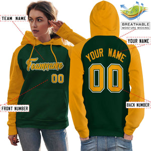 Custom Stitched Green Gold Raglan Sleeves Sports Pullover Sweatshirt Hoodie For Women