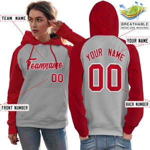 Custom Stitched Gray Red Raglan Sleeves Sports Pullover Sweatshirt Hoodie For Women