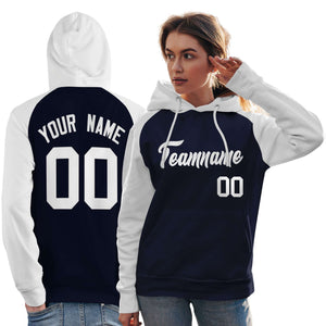 Custom Stitched Navy White Raglan Sleeves Sports Pullover Sweatshirt Hoodie For Women