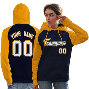 Custom Stitched Navy Gold-White Raglan Sleeves Sports Pullover Sweatshirt Hoodie For Women