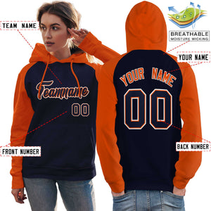 Custom Stitched Navy Orange Raglan Sleeves Sports Pullover Sweatshirt Hoodie For Women