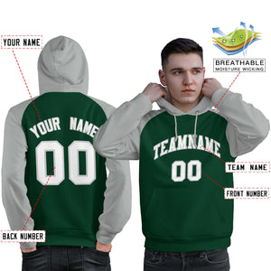 Custom Stitched Green Gray-White Raglan Sleeves Sports Pullover Sweatshirt Hoodie For Men