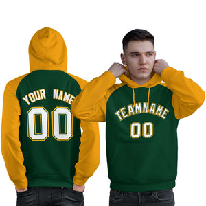 Custom Stitched Green Gold-White Raglan Sleeves Sports Pullover Sweatshirt Hoodie For Men