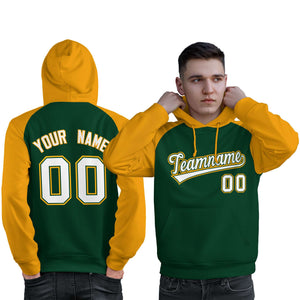 Custom Stitched Green Gold-White Raglan Sleeves Sports Pullover Sweatshirt Hoodie For Men