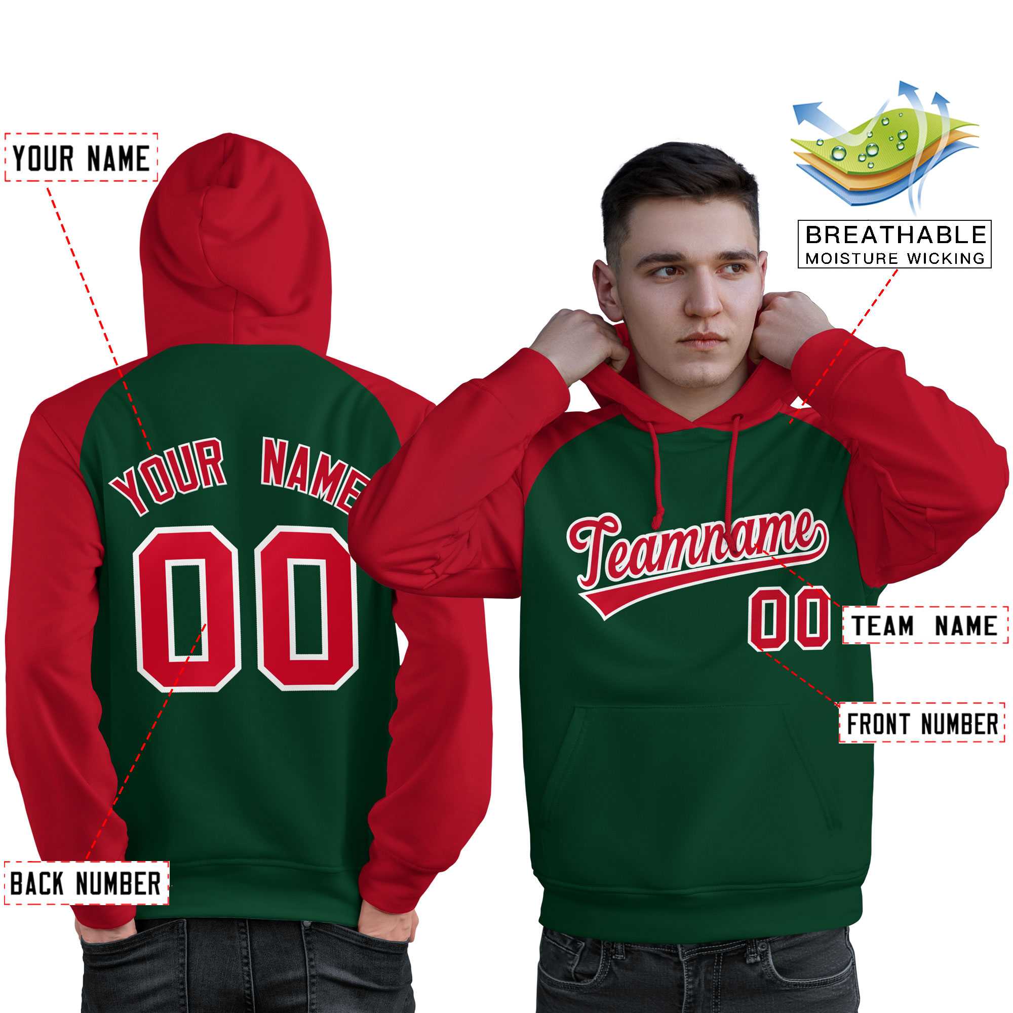 Custom Stitched Green Red Raglan Sleeves Sports Pullover Sweatshirt Hoodie For Men