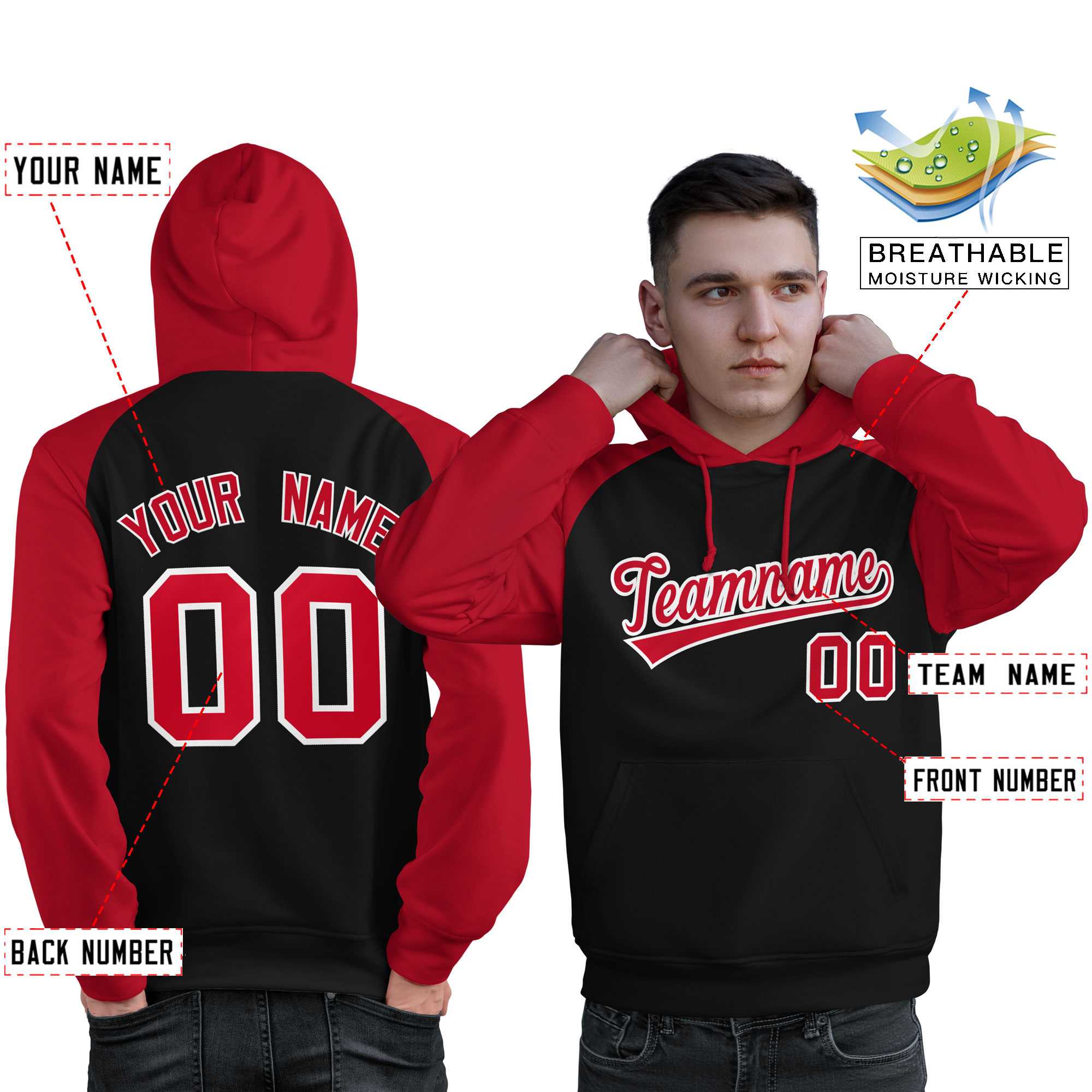 Custom Stitched Black Red Raglan Sleeves Sports Pullover Sweatshirt Hoodie For Men