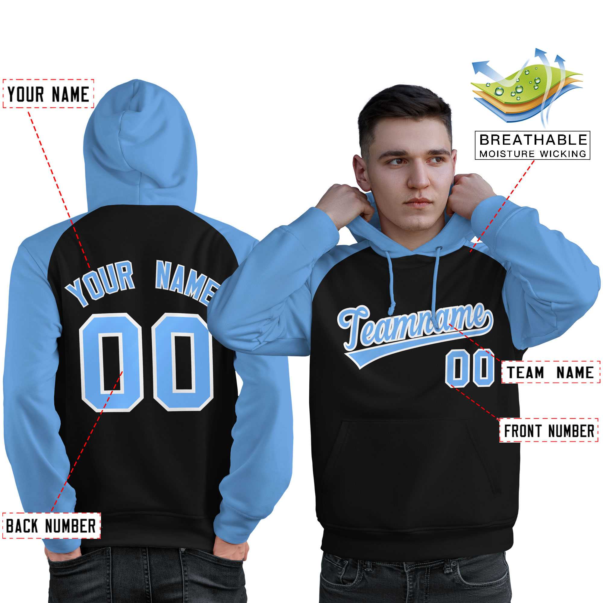 Custom Stitched Black Powder Blue Raglan Sleeves Sports Pullover Sweatshirt Hoodie For Men