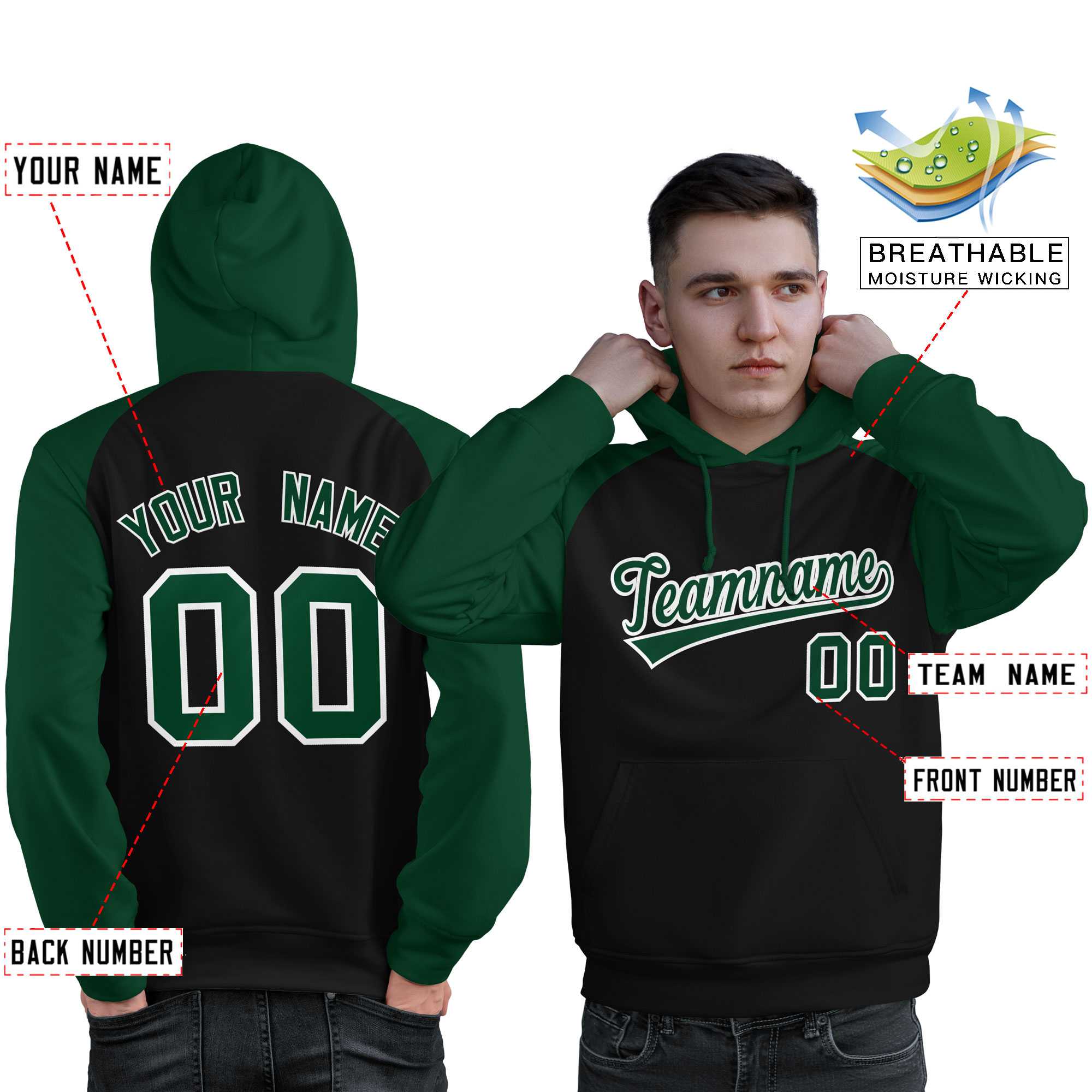 Custom Stitched Black Green Raglan Sleeves Sports Pullover Sweatshirt Hoodie For Men