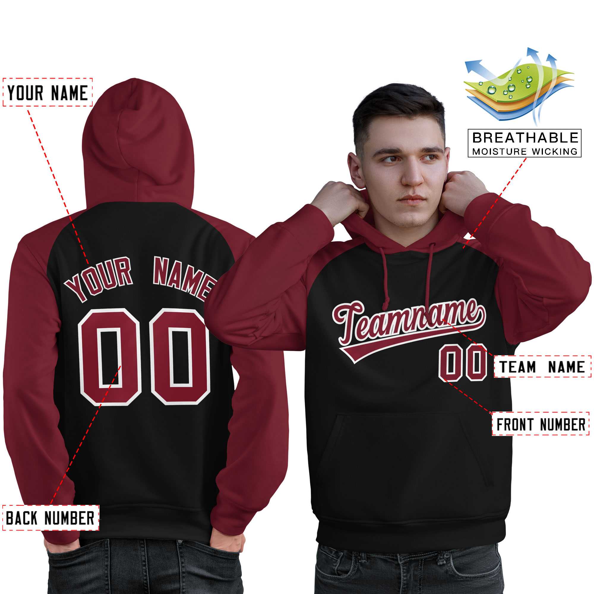 Custom Stitched Black Crimson Raglan Sleeves Sports Pullover Sweatshirt Hoodie For Men