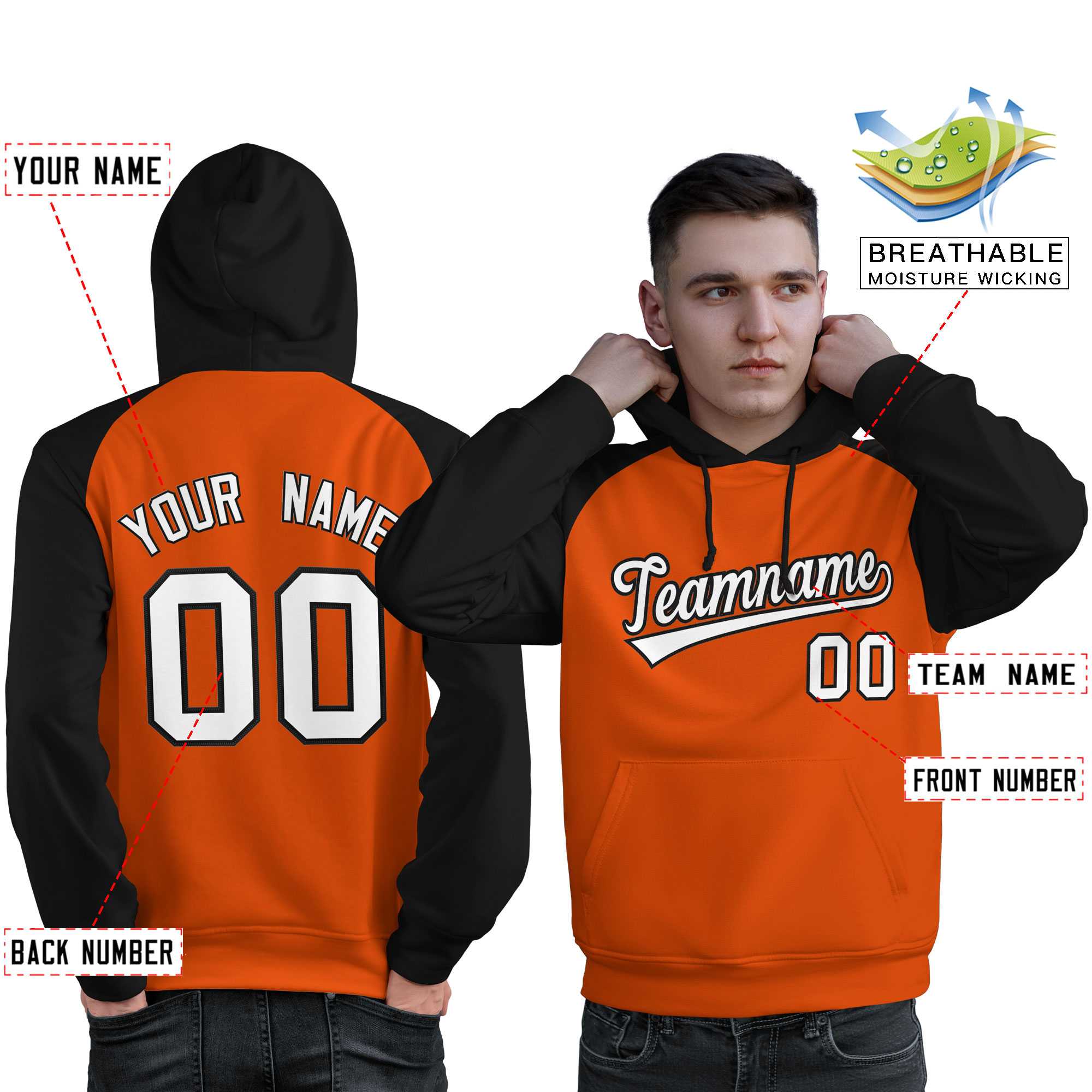 Custom Stitched Orange Black-White Raglan Sleeves Sports Pullover Sweatshirt Hoodie For Men