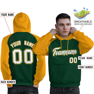 Custom Stitched Green Gold-White Raglan Sleeves Sports Pullover Sweatshirt Hoodie For Men