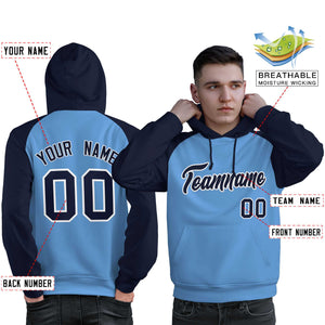 Custom Stitched Powder Blue Navy Raglan Sleeves Sports Pullover Sweatshirt Hoodie For Men