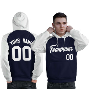 Custom Stitched Navy White Raglan Sleeves Sports Pullover Sweatshirt Hoodie For Men