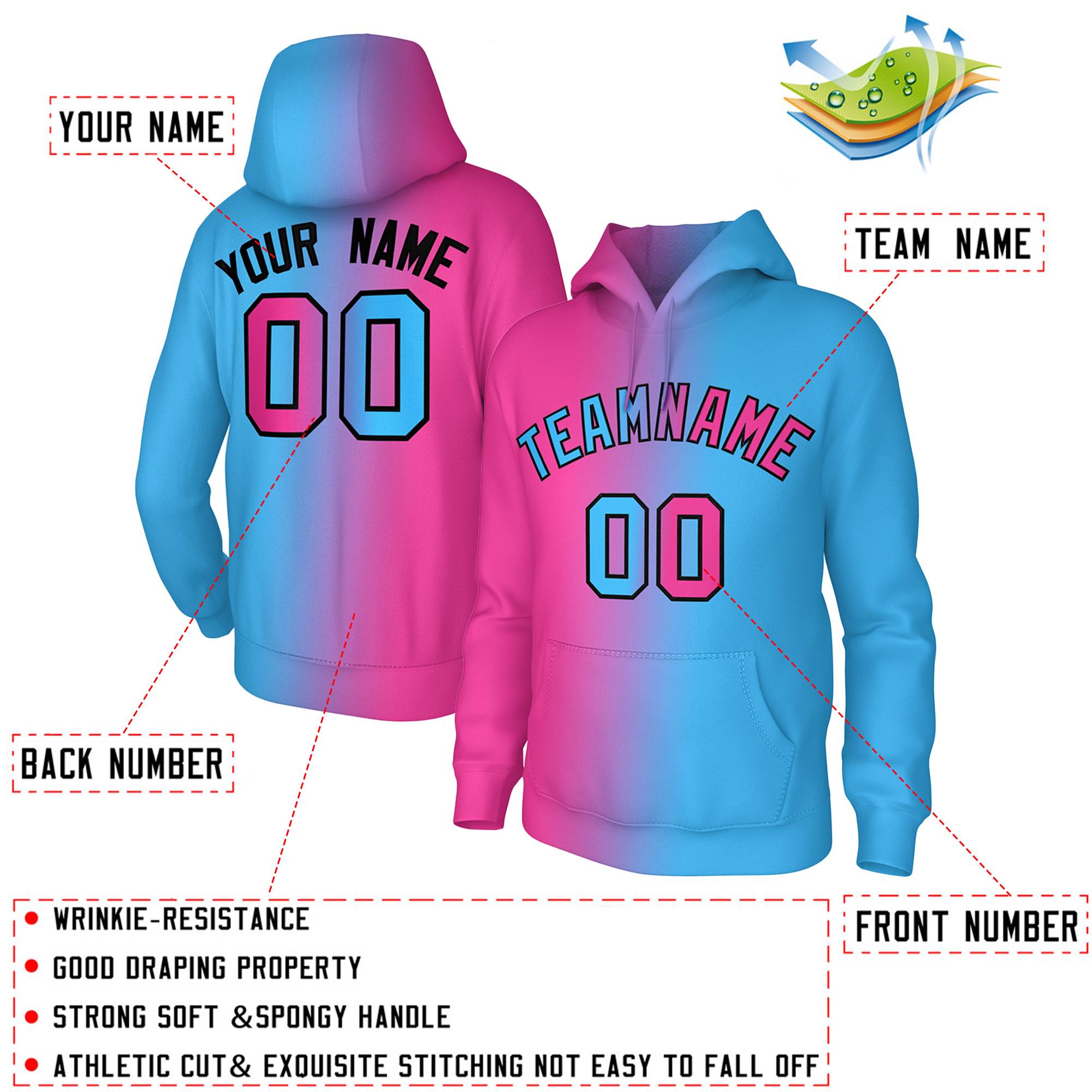 Custom Stitched Pink Powder Blue Gradient Fashion Athletic Pullover Sweatshirt Hoodie