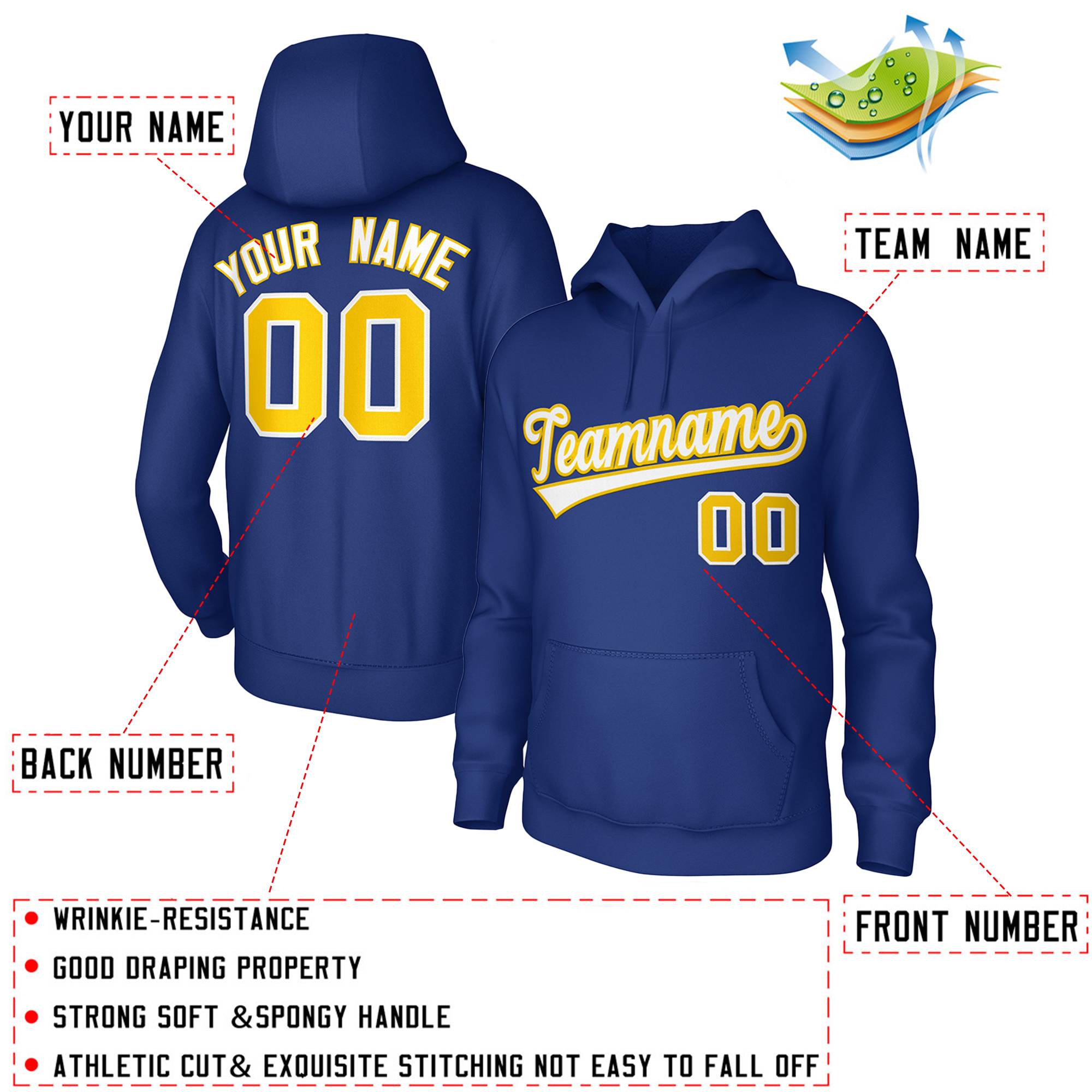 Custom Royal White-Yellow Classic Style Sports Uniform Pullover Hoodie